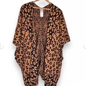 Chico’s Animal Print Sweater Poncho Open Front Sz S/M Button Side wool blend